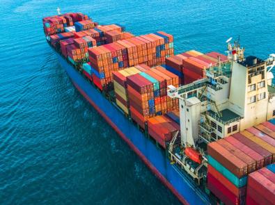 A large container ship in the water