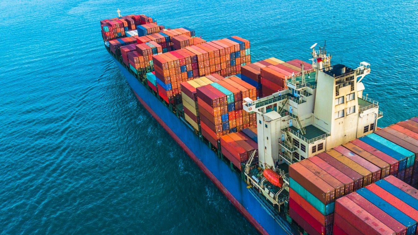 A large container ship in the water